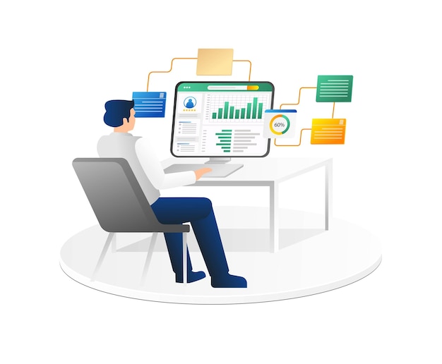 Businessman working on laptop and analyzing financial data Vector illustration