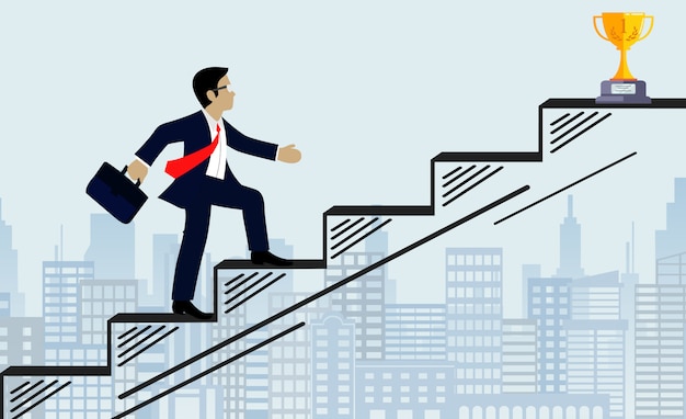 Businessmen walk up the stairs to the goal illustration