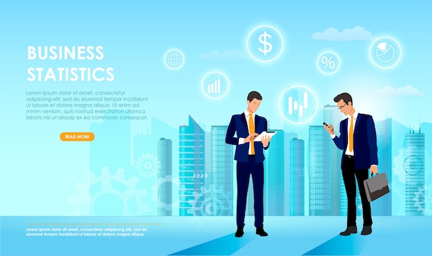 Vector businessmen with a smartphone and tablet use wireless internet technology with a smart city and communication network icons in the background vector illustration