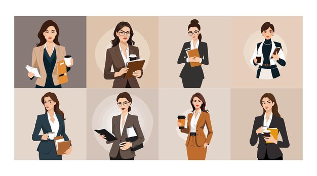 Vector businesswoman holds a cup of coffee and a folder with files woman in business clothes employee of the company