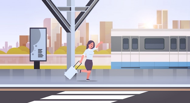 businesswoman running to catch train business woman with luggage on railway station city public transport female cartoon character cityscape