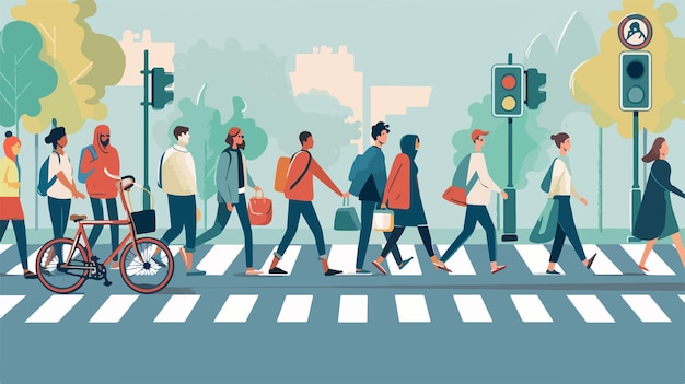 Vector busy crosswalk with crowd of people crossing road