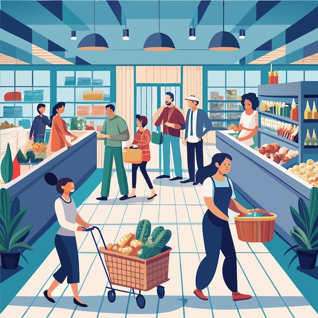 Vector busy supermarket scene people grocery shopping in a modern market