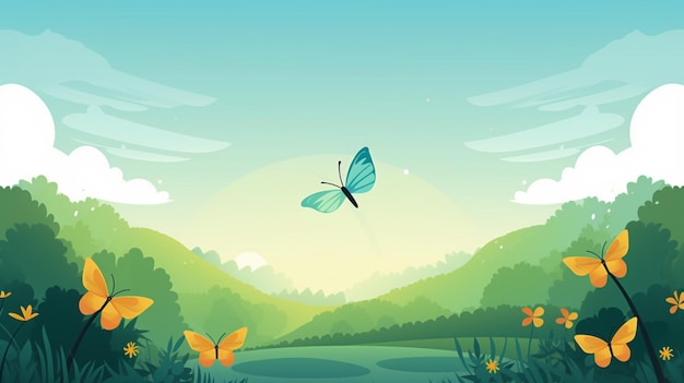 a butterfly flying over a lake with mountains in the background