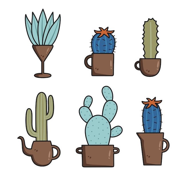 Cactus set collection with different types Cute character cartoon Desert botanical flower plant garden summer Vector illustration Suitable for wallpaper texture and pattern on gift wrap