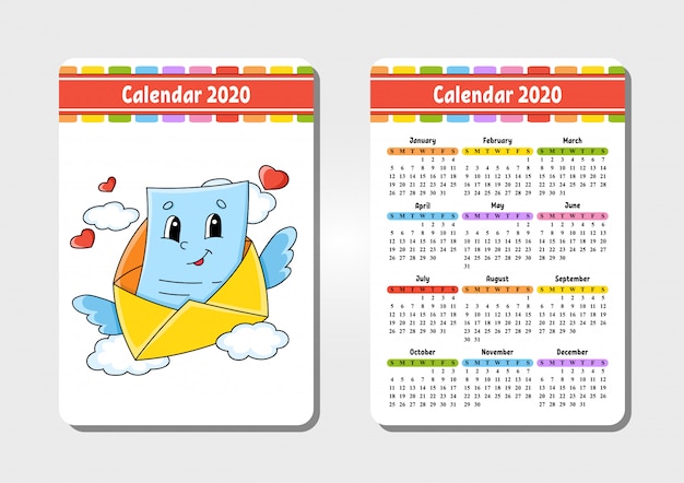 Calendar for 2020 with a cute character. Pocket size. Fun and bright design.