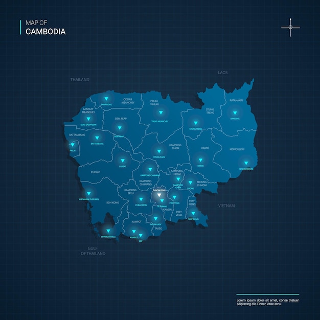 Cambodia map with blue neon light points