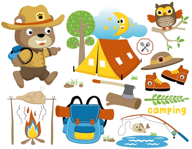 Camping day cartoon with funny scout, set of camping equipment