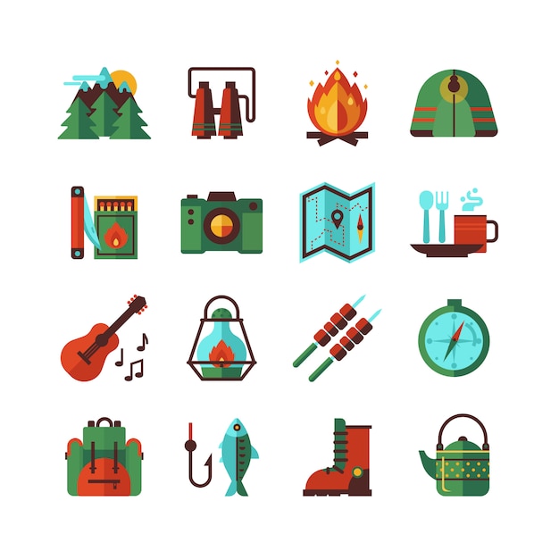 Camping Hiking Flat Icons Set