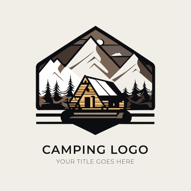 Camping logo design template log cabin with mountains vector illustration