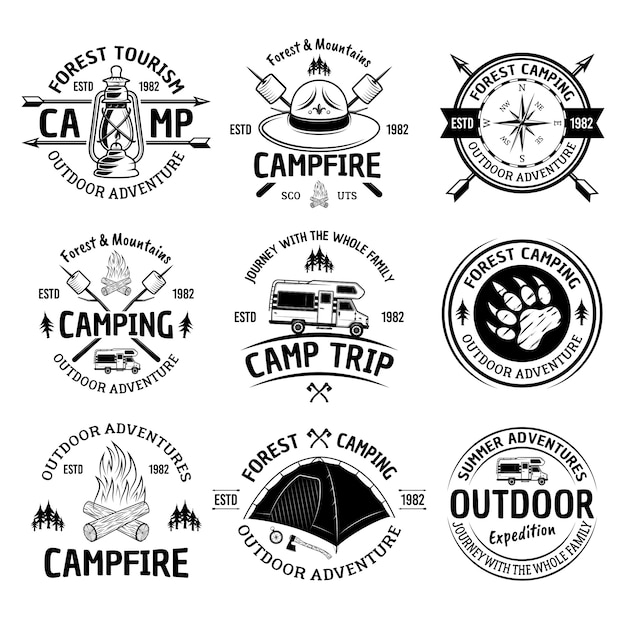 Camping and outdoor adventure set of vintage monochrome labels, emblems or badges isolated on white