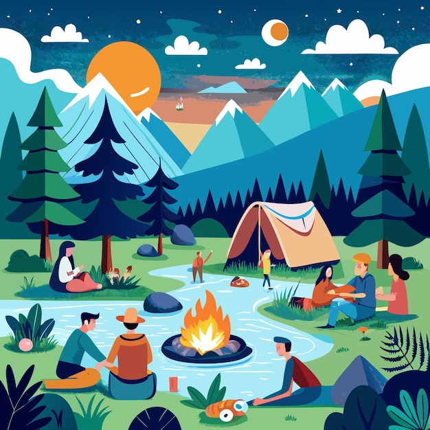 Vector a camping scene with a man and woman camping in the background