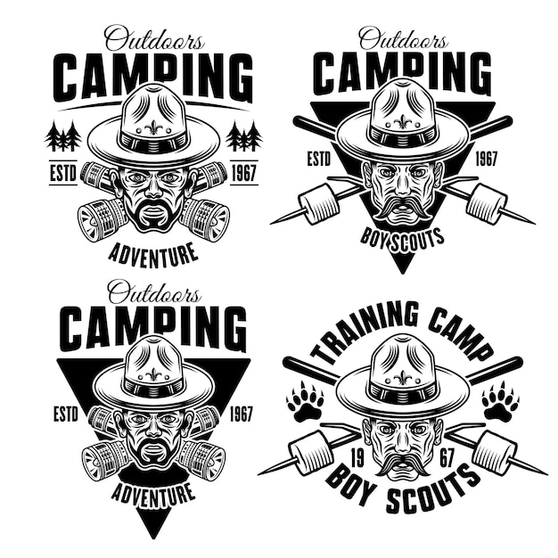 Camping set of four monochrome vector emblems badges labels or logos in vintage style with man in boy scout hat flashlights and marshmallow on sticks isolated on white