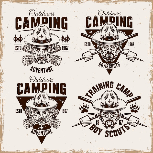 Camping set of four vector vintage emblems badges labels or logos with man in boy scout hat flashlights and marshmallow on sticks