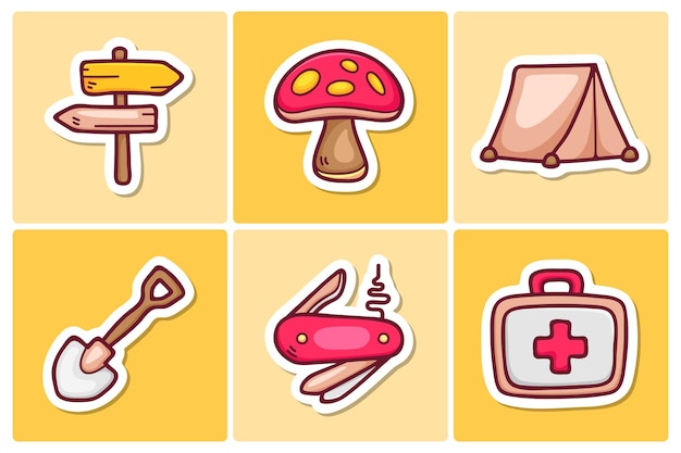 Camping Sticker Icons Doodle Coloring Vector