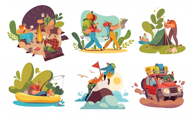 Camping tourist hiking people, adventures in nature illustration