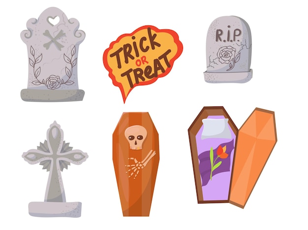 Candy, costumes, magical and creepy items. A large set of Elements for the celebration of Halloween. Vector illustration isolated on white background.