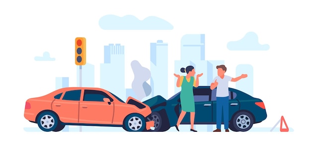 Vector car accident. vehicles crash. drivers argue at stoplight. people near broken automobiles. traffic rules violation. transport collision illustration. wrecked autos and persons quarrel. vector concept