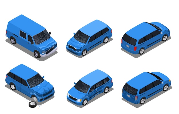 Vector car accidents isometric set