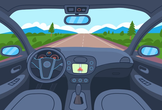 Vector car interior view inside the car with steering wheel dashboard and road illustration in flat style