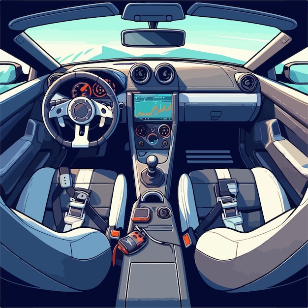 Vector a car interior with a steering wheel and a radio