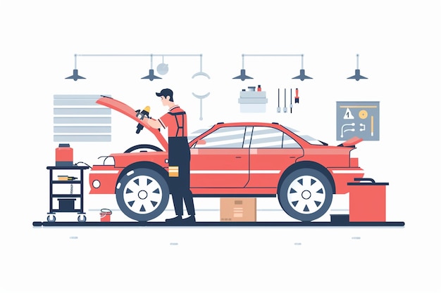 Vector car mechanic repairing car garage