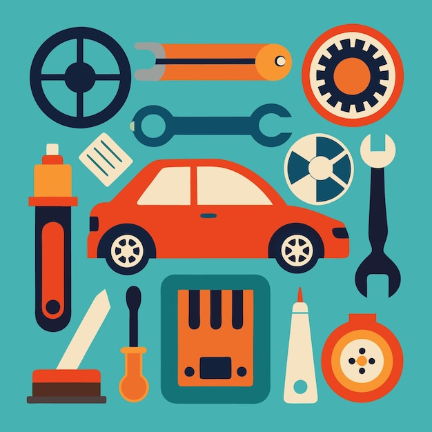 Vector car repair flat design with tools and parts