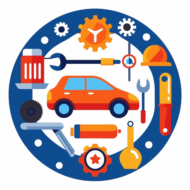 Vector car repair service in blue circle with tools