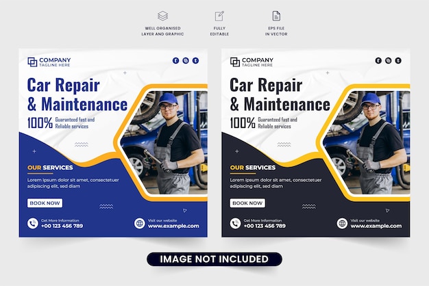 Car repair service social media post vector with blue and dark colors Modern vehicle maintenance service template for digital marketing Automobile repair business promotional web banner vector