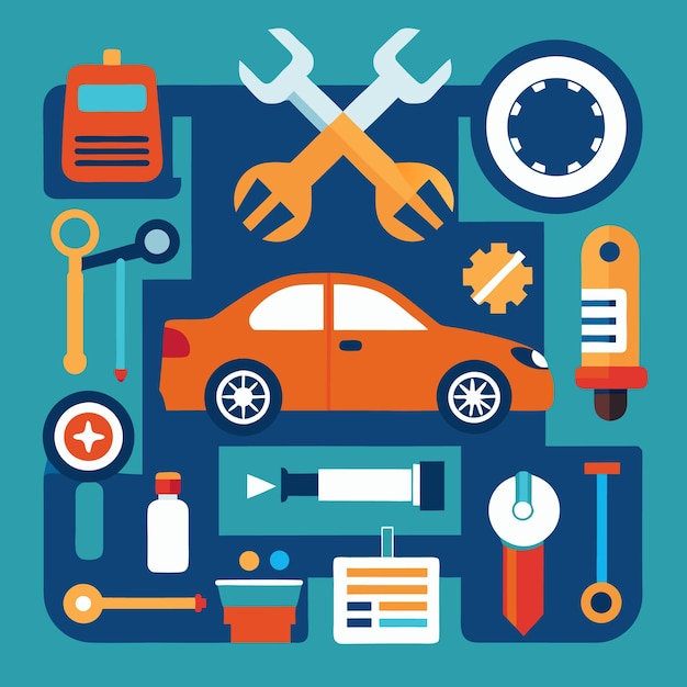 Vector car repair service with wrenches and tools around the car