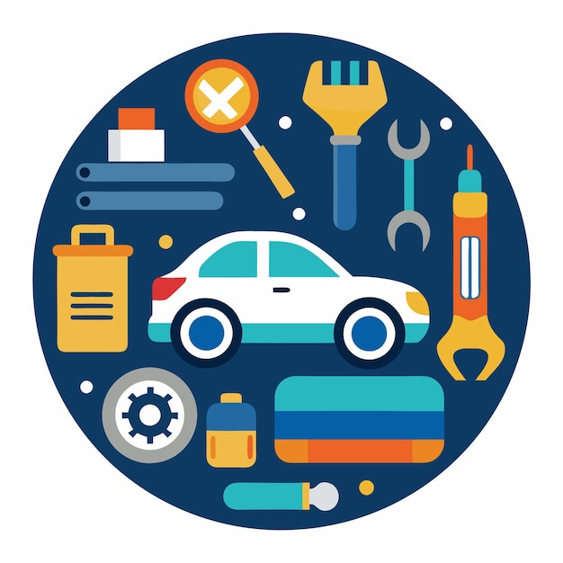 Vector car repair tools and parts illustration on a dark blue circle