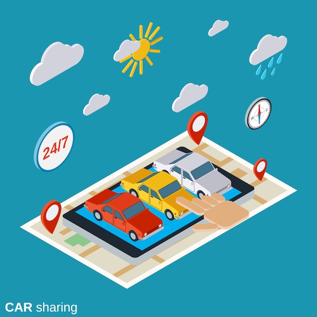 Car sharing flat 3d isometric concept illustration