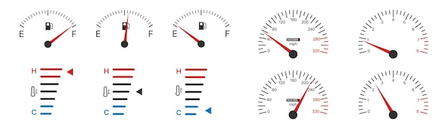 Car speedometer and car fuel indicator set Vector illustration