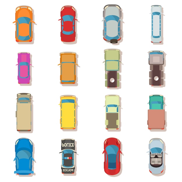 Vector car top view above over icons set. flat illustration of 16 car top view above over vector icons for web