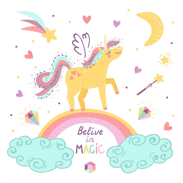 Vector card with fantasy unicorn and lettering