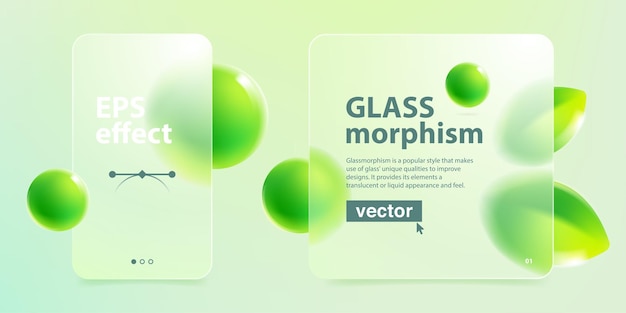 Vector cards screens in glassmorphism effect eco friendly template matte glass with blurred floating green leaves and spheres
