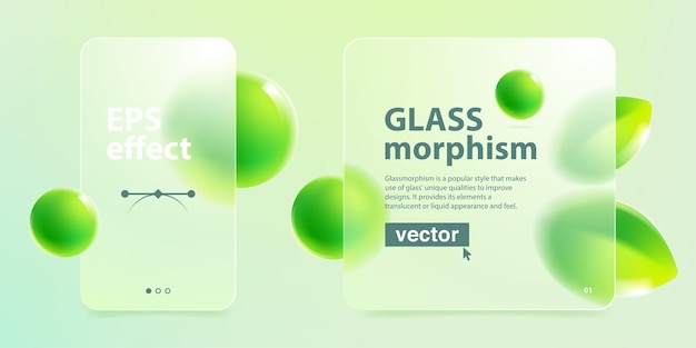 Cards screens in glassmorphism effect Eco friendly template Matte glass with blurred floating green leaves and spheres