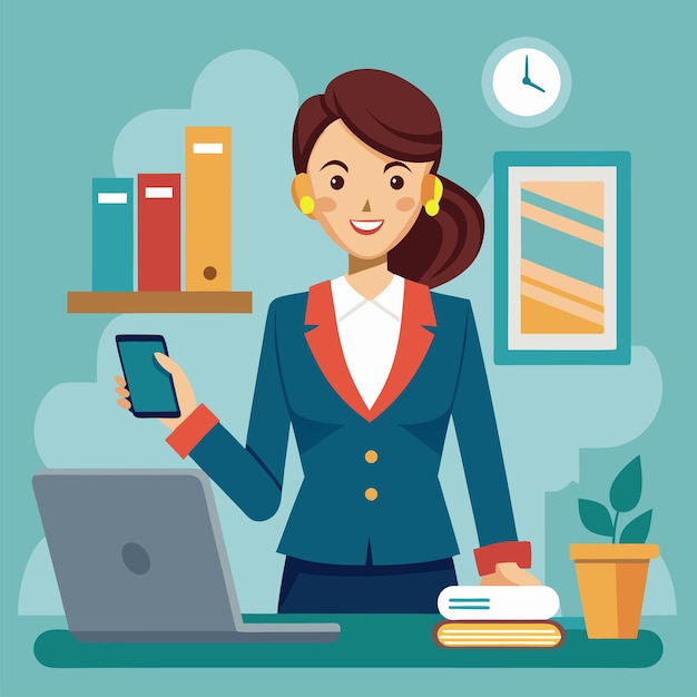 Vector career woman with cellphone and laptop