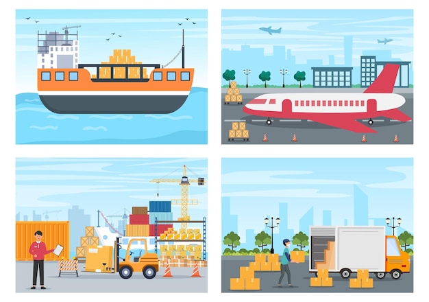 Cargo Shipping Container Logistics Delivery with the Concept of Delivering Goods Using Crane Ship, Truck or Plane Transportation. Background Vector Illustration