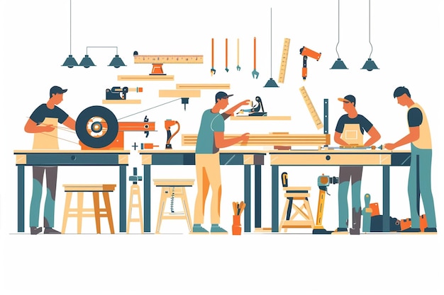 Vector carpenters working in workshop