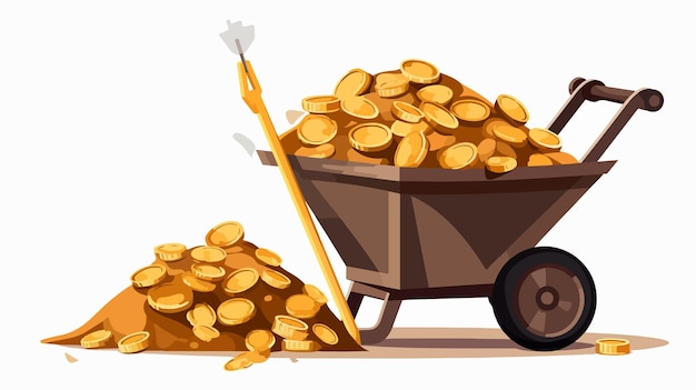 Vector a cart with a bunch of gold coins and a shovel with a shovel in it