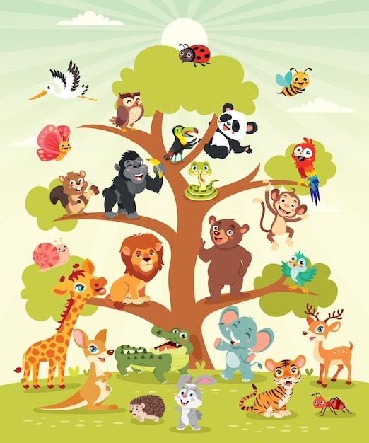 Vector cartoon animals on a tree