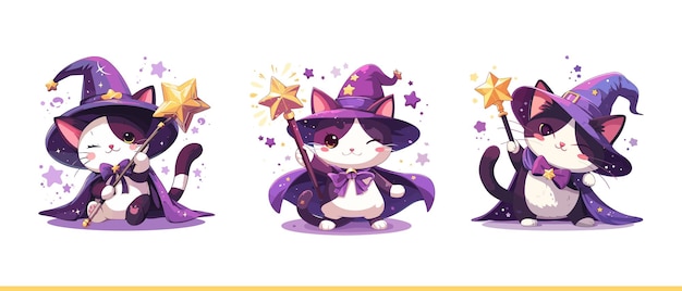 Vector cartoon anime funny cat witch character in halloween wear witch hat and magic stick happy cute art