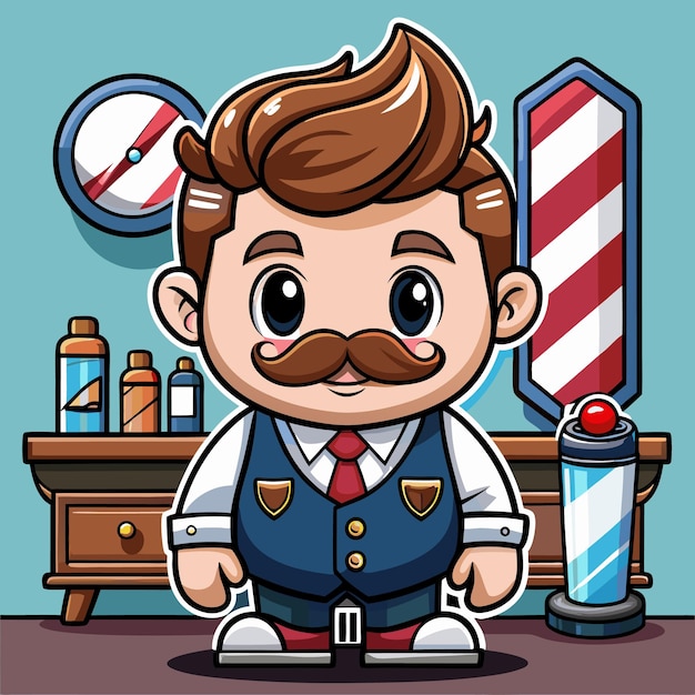 Vector cartoon barber with a mustache standing in front of his shop