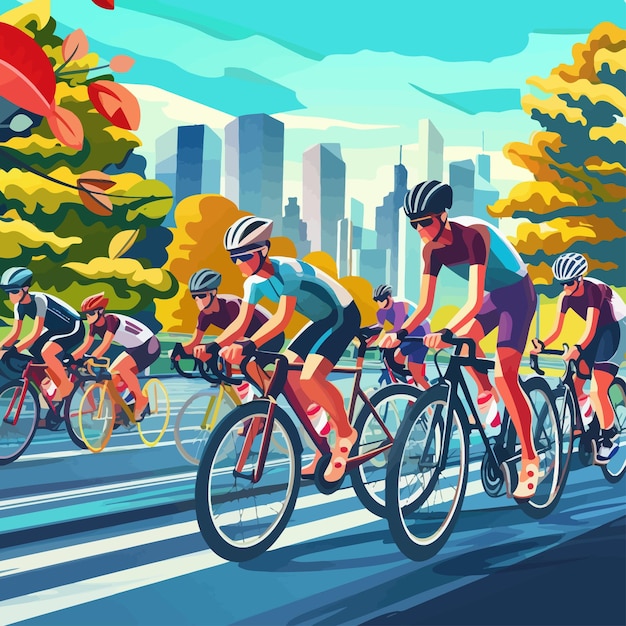 a cartoon of bicyclists racing down a road with a city in the background