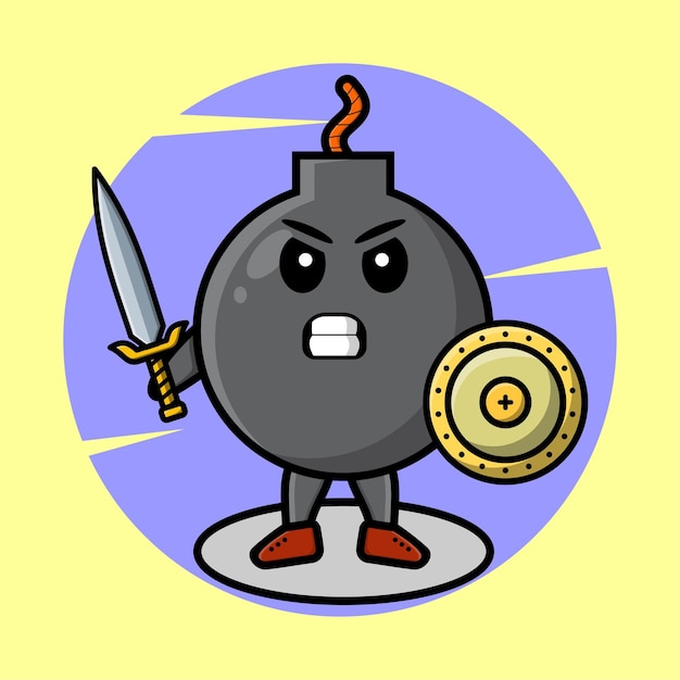 Cartoon bomb mascot holding sword and shield in cute style for tshirt sticker logo element