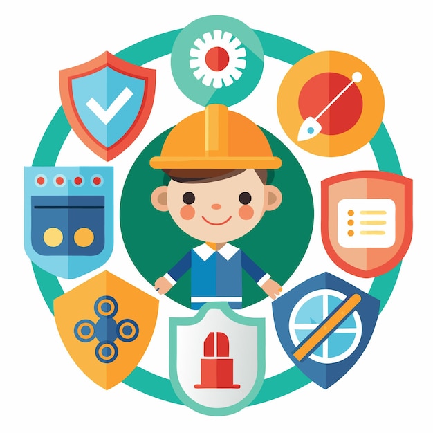 Vector a cartoon boy in a hard hat surrounded by colorful shields representing different safety features