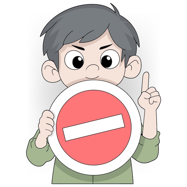 Vector cartoon boy holding no entry sign illustration