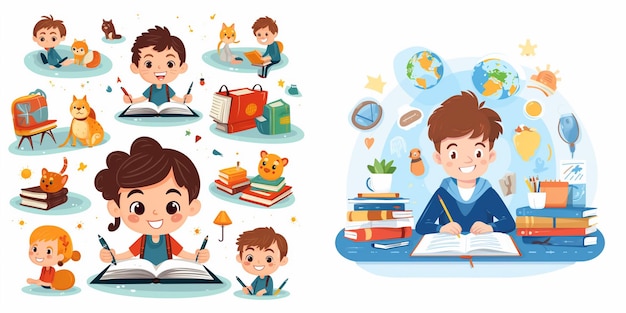 Vector a cartoon of a boy studying with a book and a child reading a book