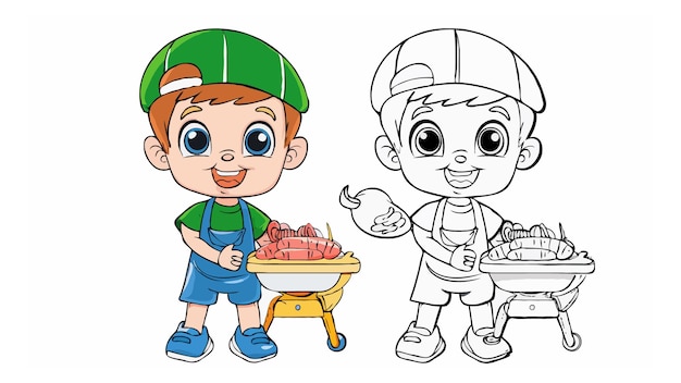 Vector a cartoon boy with a bucket of food and a toy on the left